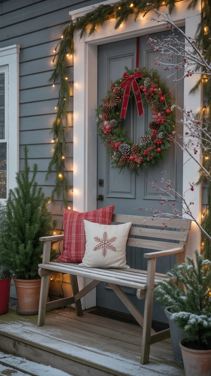 Snow-Kissed Farmhouse Porch Wrapped in Warm Holiday Glow