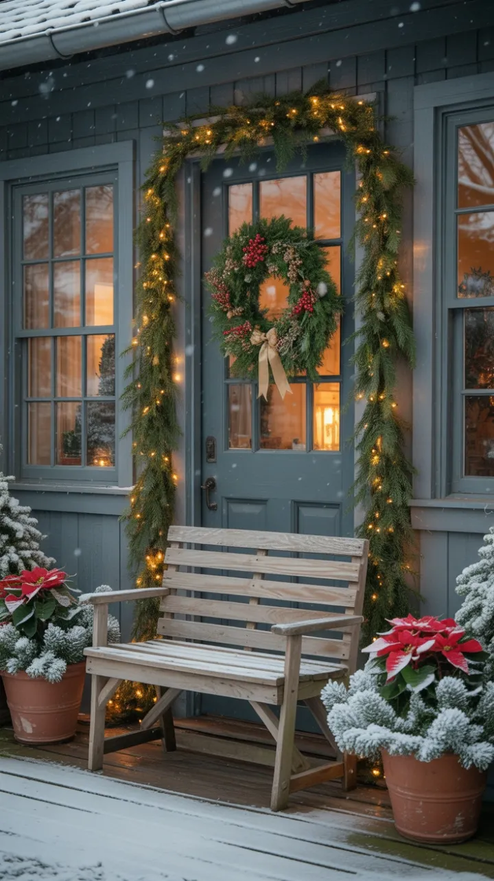 Cozy Christmas Glow on a Snow‑Kissed Farmhouse Porch
