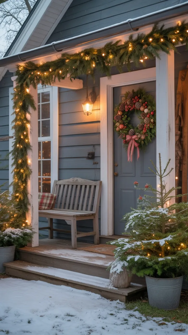 Snow-Kissed Farmhouse Porch Dressed in Holiday Cheer