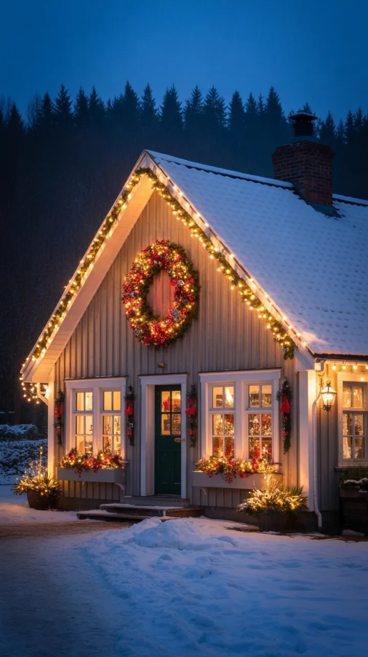 Snow-Kissed Farmhouse Wrapped in Christmas Glow