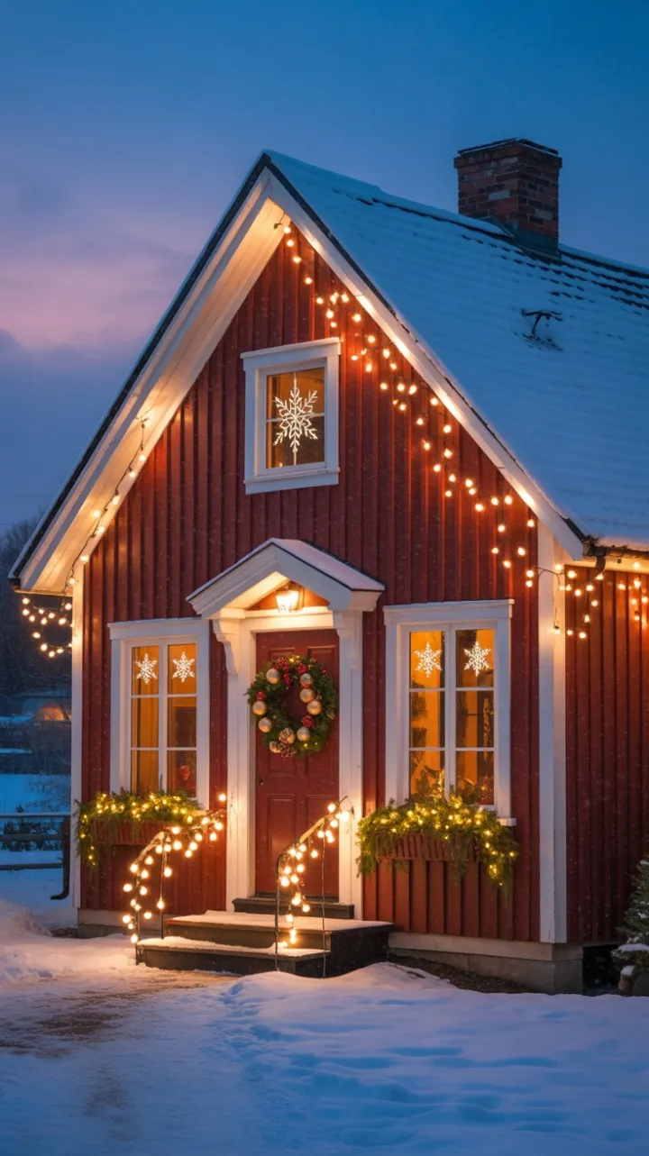 Snow-Kissed Red Farmhouse Wrapped in Warm Christmas Light