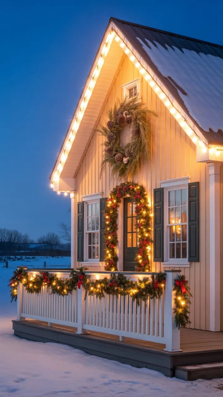 Snow-Dusted Farmhouse Aglow with Garland and Lights