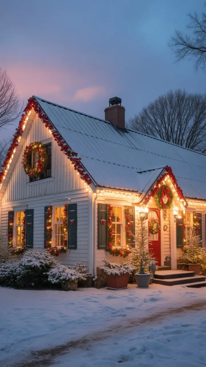 Twilight Farmhouse Wrapped in Snow and Christmas Lights