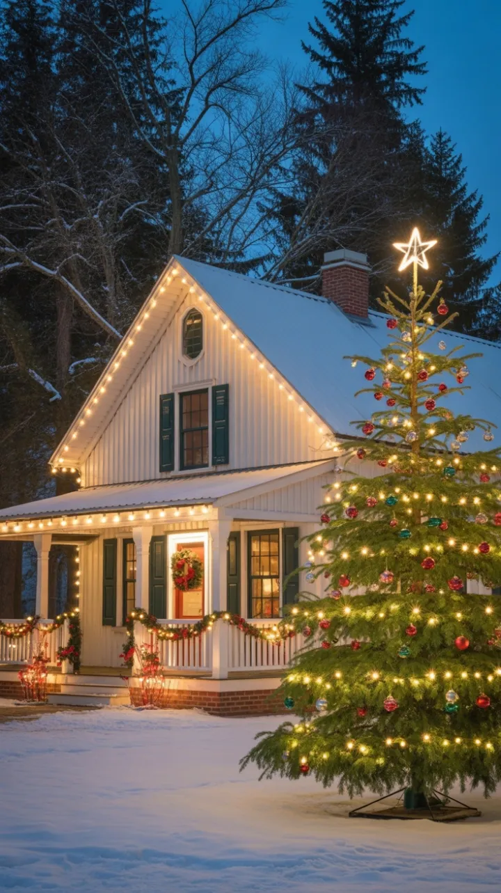 Twinkling Lights on a Snowy Farmhouse Christmas Night