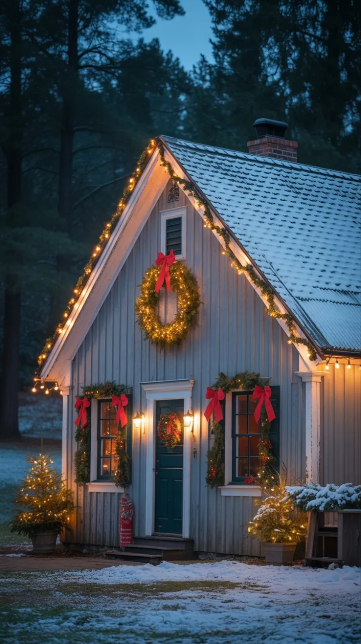 Twilight at the Garlanded Farmhouse: A Snow-Kissed Christmas Glow