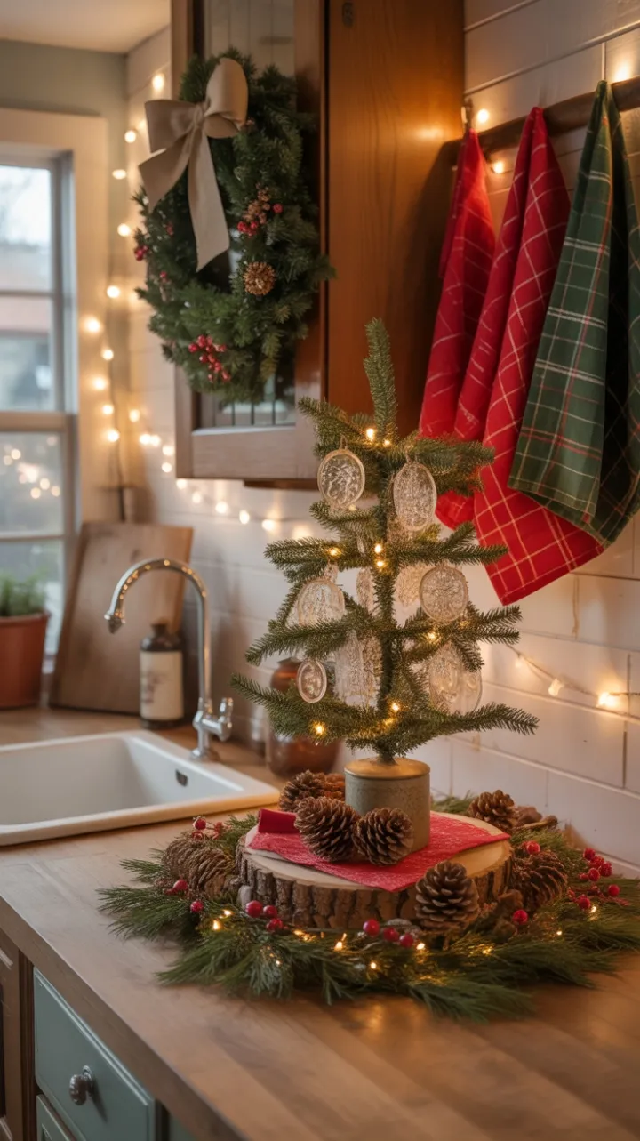 Cozy Farmhouse Kitchen Bathed in Warm Holiday Glow