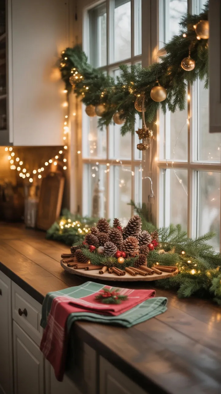 Rustic Countertop Christmas with Pinecones, Cinnamon and Golden Lights