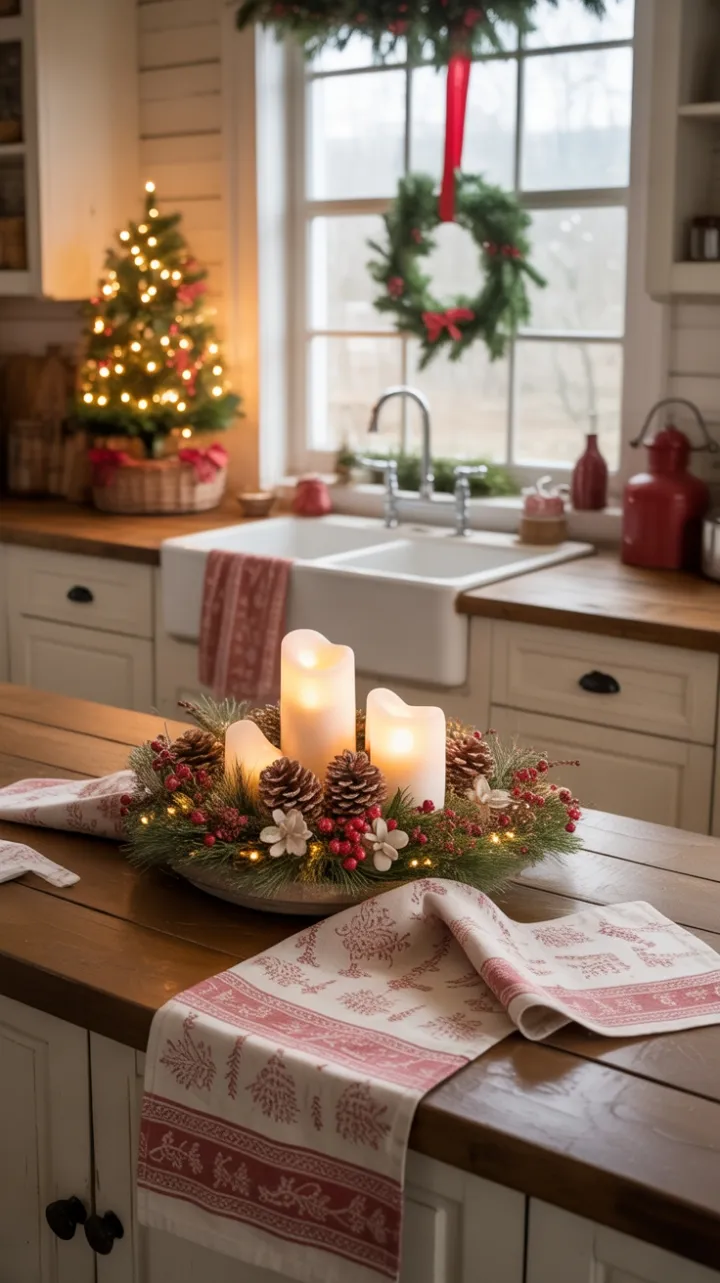 Warm Pinecone Glow in a Cozy Farmhouse Christmas Kitchen