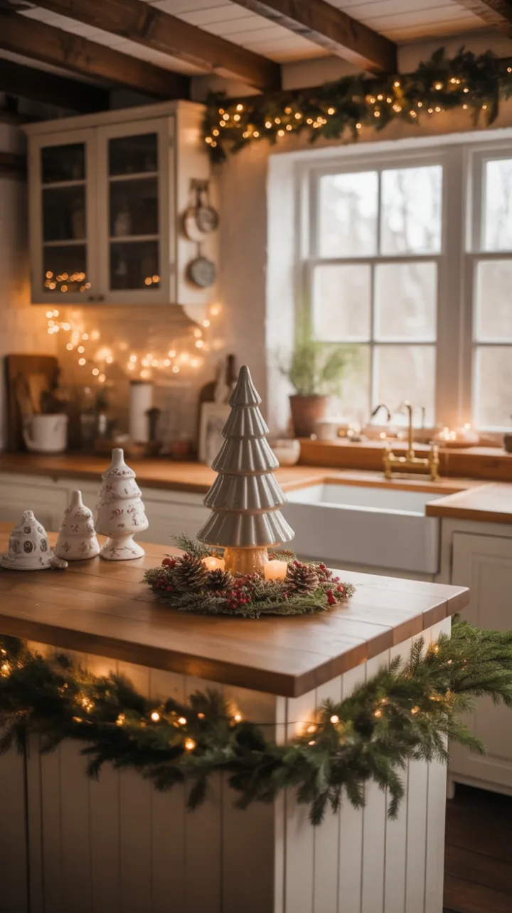 Twinkling Garland in a Cozy Farmhouse Christmas Kitchen