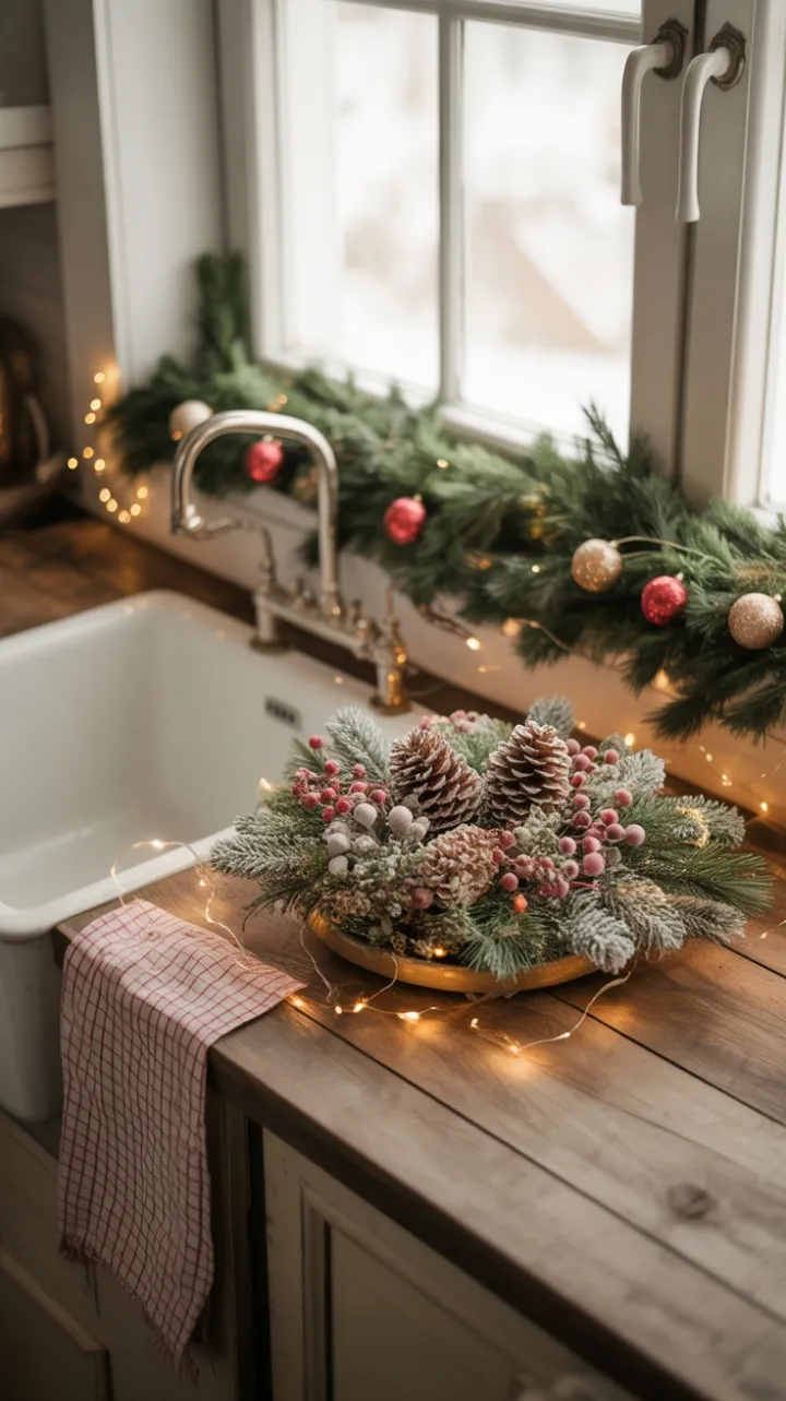 Cozy Farmhouse Christmas with Pinecones, Frosted Berries, and Fairy Lights