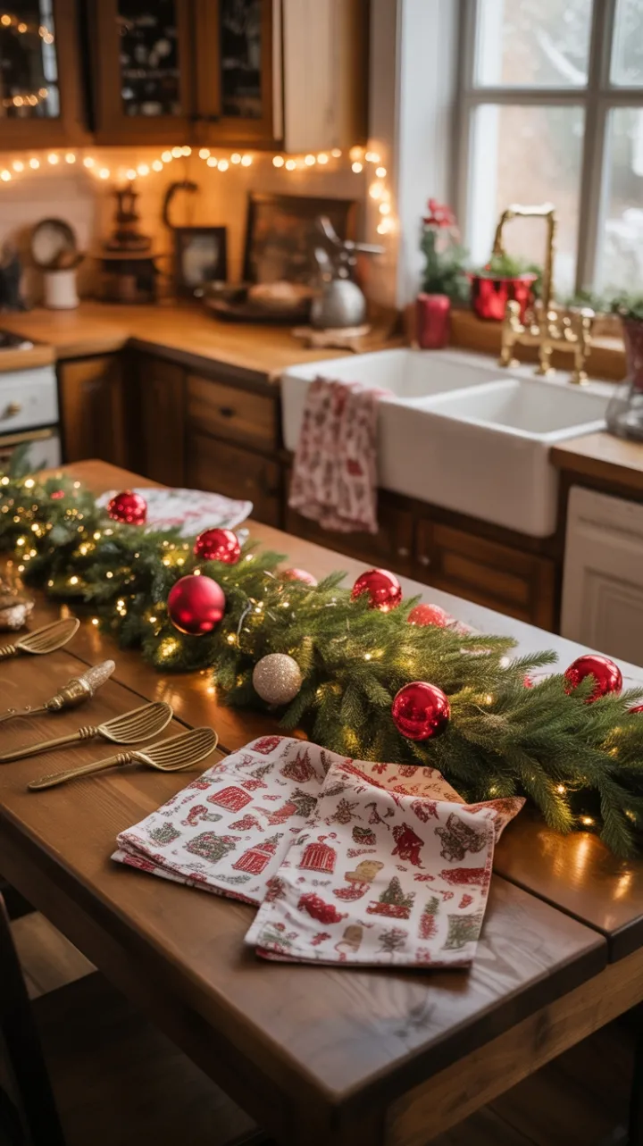 Cozy Farmhouse Christmas Kitchen Bathed in Golden Light