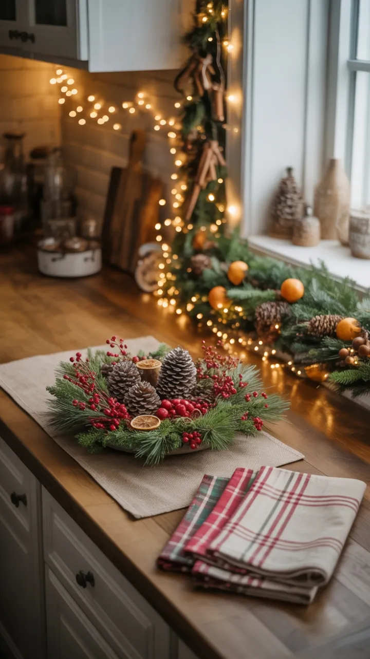 Sunlit Farmhouse Christmas Countertop Adorned with Pinecones, Berries and Cinnamon Garland