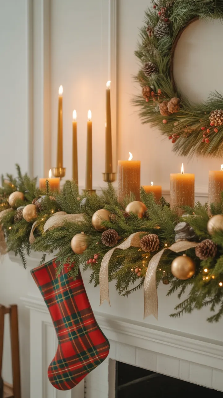 Cozy Farmhouse Mantel Draped in Evergreen, Plaid, and Candlelight