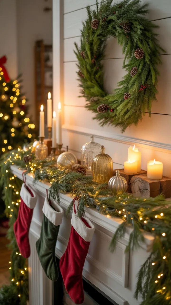 Cozy Farmhouse Christmas Mantel Bathed in Candlelight