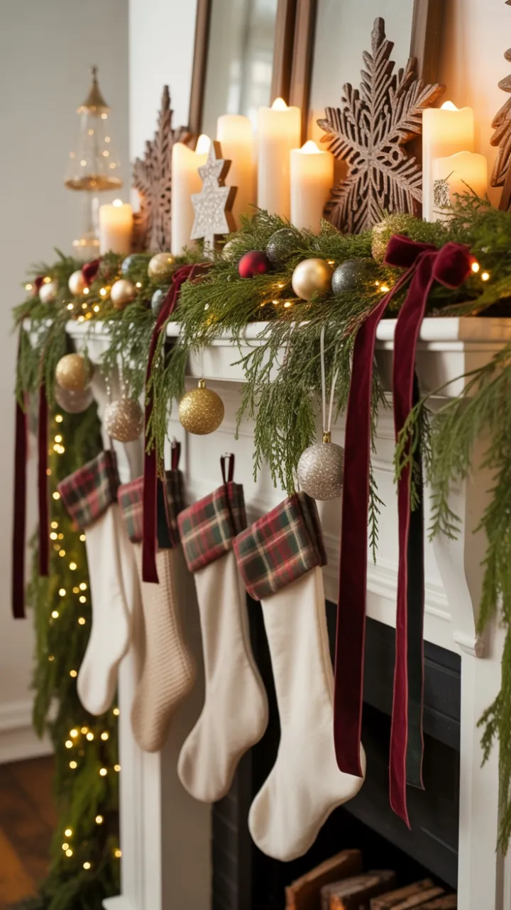 Cozy Farmhouse Christmas Mantel with Velvet Ribbons and Twinkling Lights