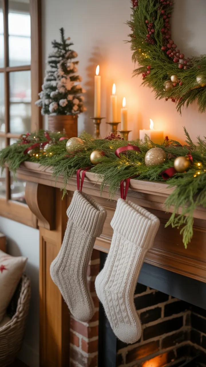 Cozy Farmhouse Christmas Mantel Bathed in Golden Glow