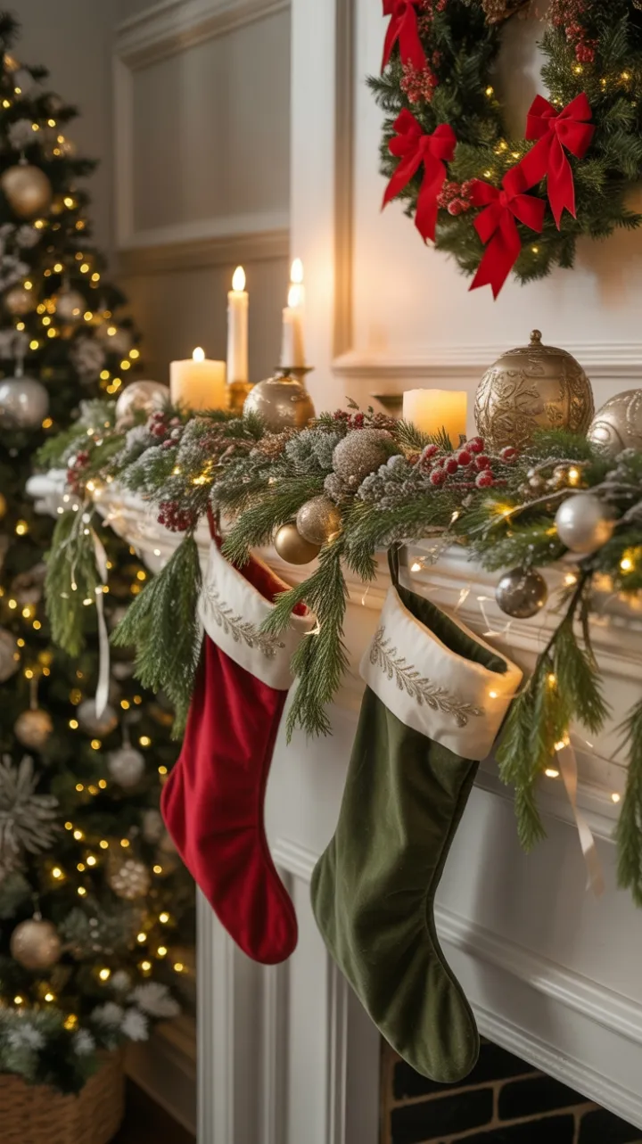 Cozy Farmhouse Christmas Mantel in Velvet, Gold, and Candlelight
