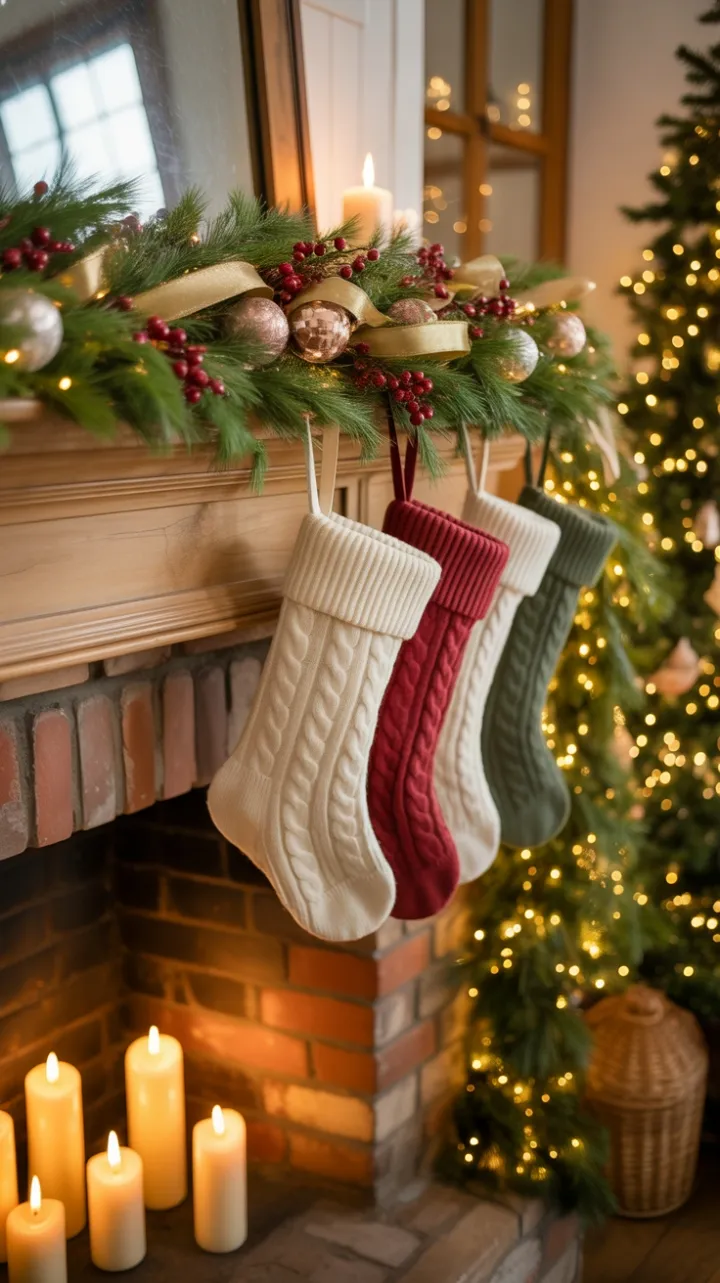 Cozy Farmhouse Mantel Draped in Garland, Candles, and Holiday Glow