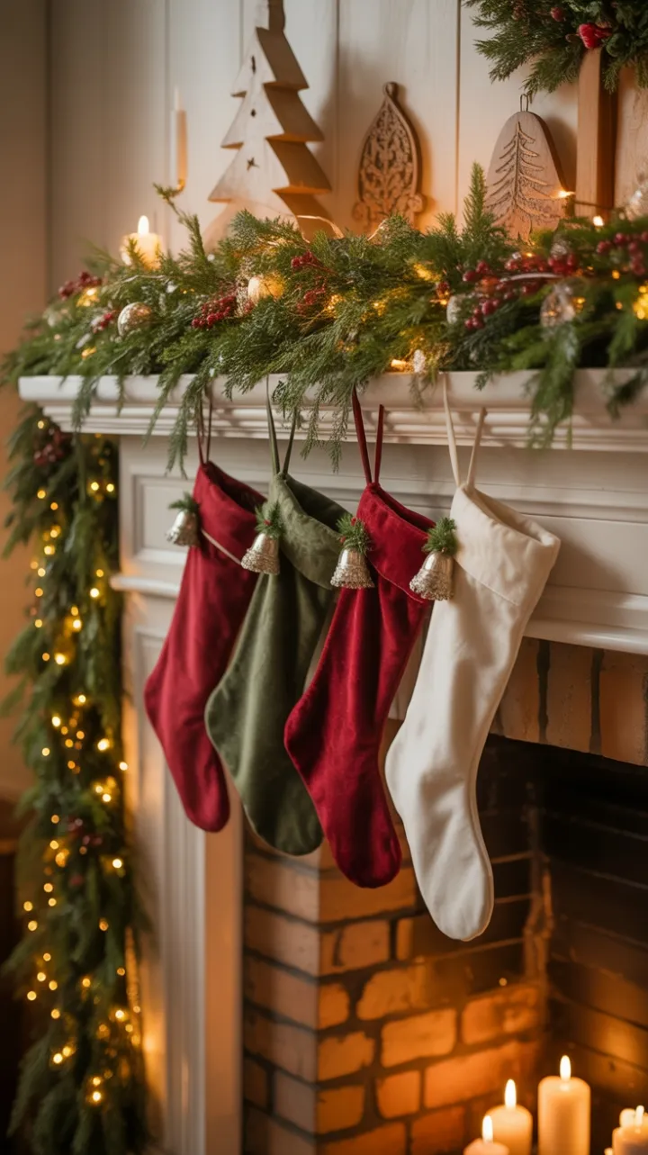 Warm Hearth Holiday Charm with Velvet Stockings and Twinkling Lights