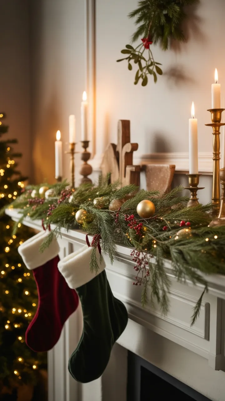 Sunlit Farmhouse Mantel Dressed in Evergreen, Velvet, and Gold