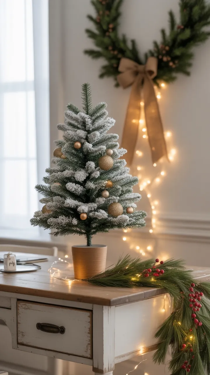 Cozy Farmhouse Desk Dressed for Christmas with a Snow-Dusted Fir and Warm Lights