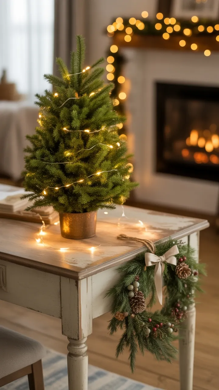 Farmhouse Christmas Desk Glowing with a Twinkling Mini Tree