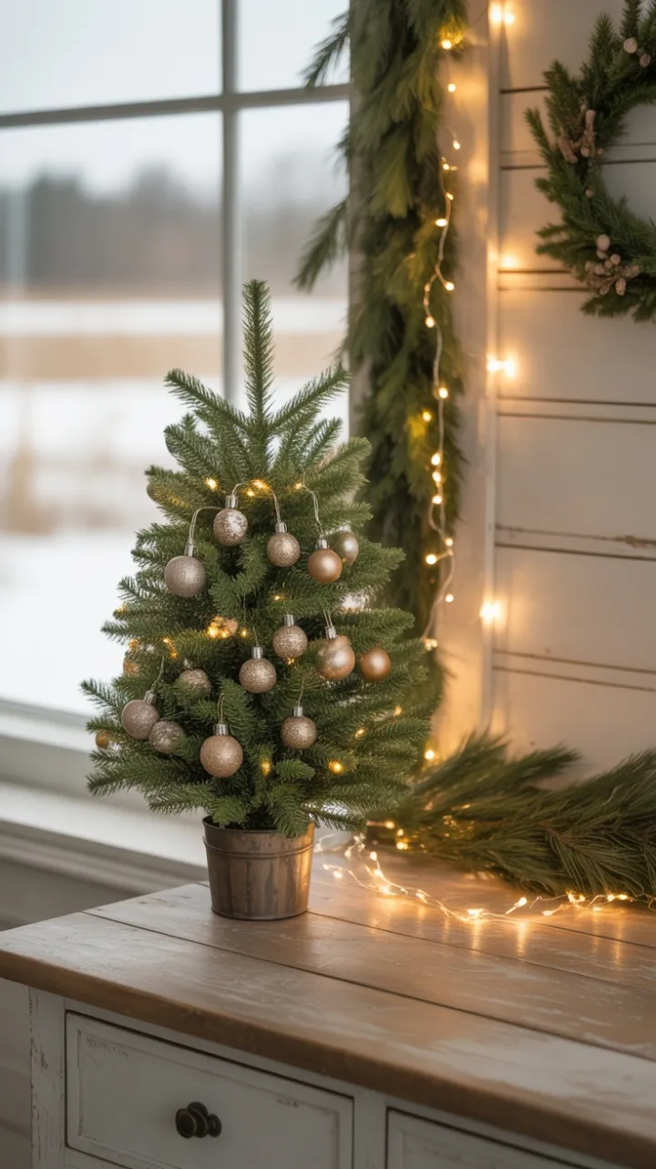 Cozy Farmhouse Christmas Desk with Twinkling Lights and Snowy View