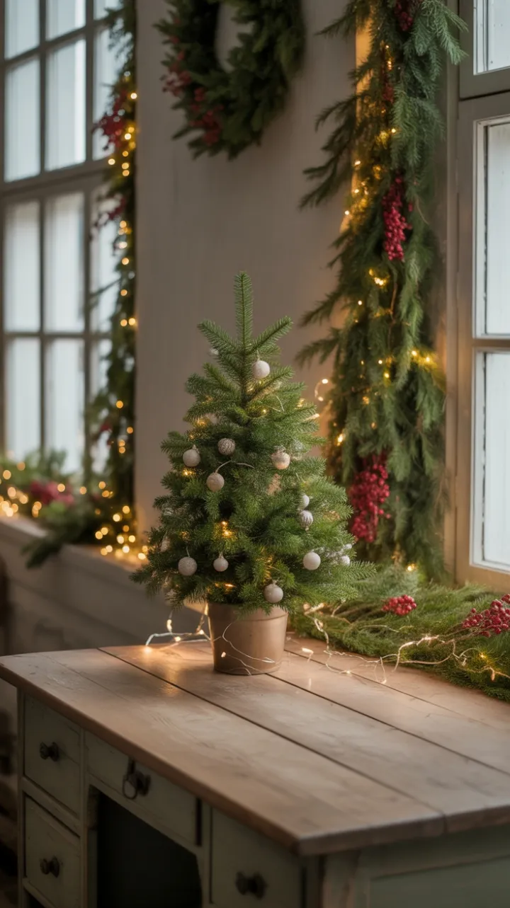 Cozy Farmhouse Christmas Desk Bathed in Twinkle Light