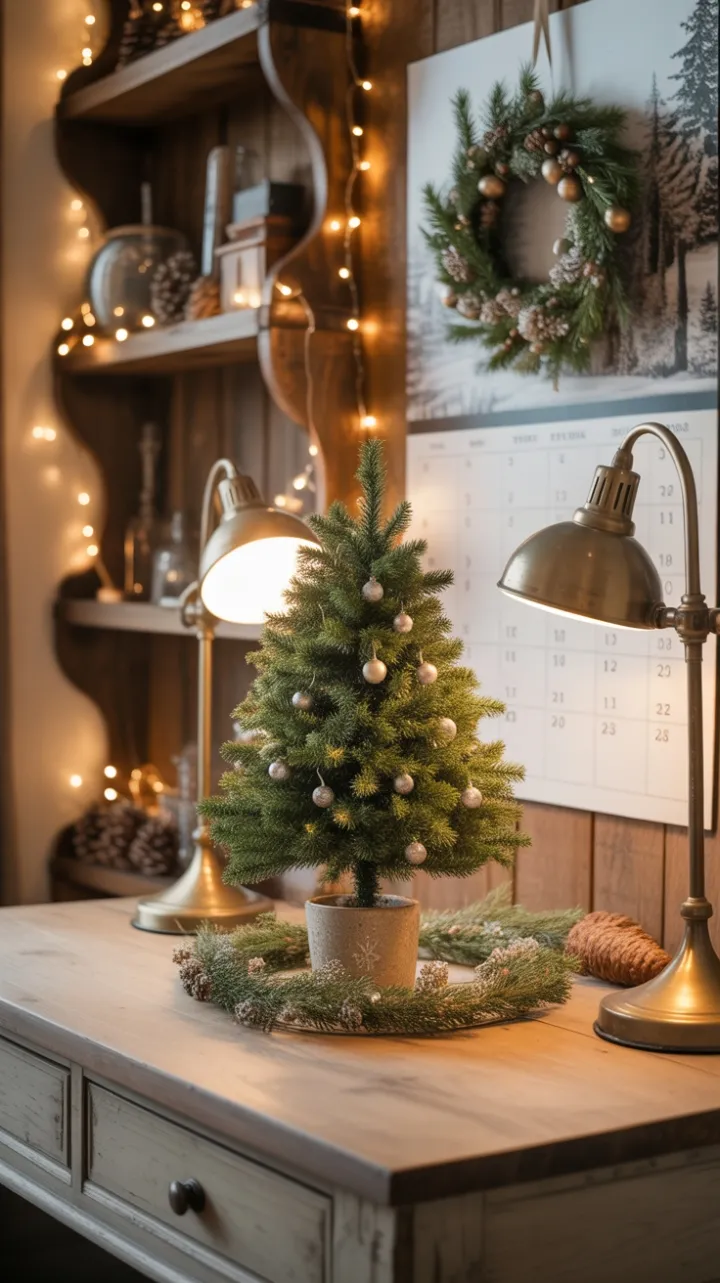 Cozy Farmhouse Christmas Desk Bathed in Vintage Glow
