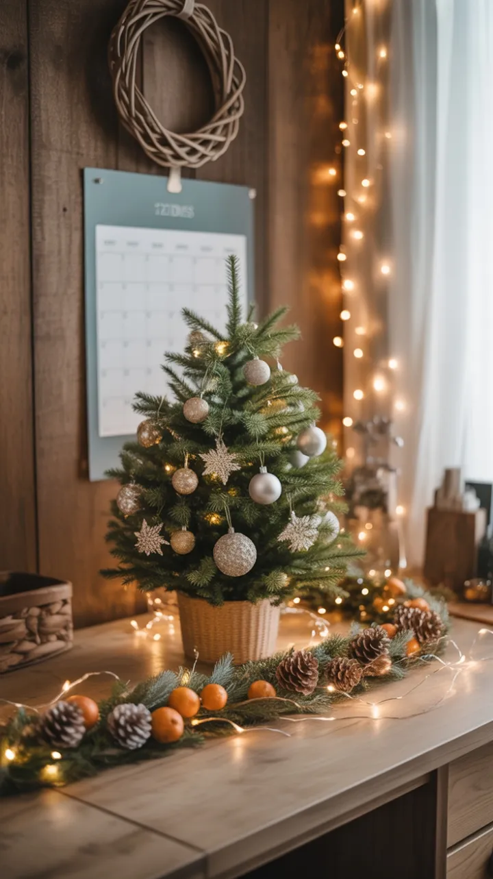 Cozy Farmhouse Holiday Desk Bathed in Warm Light