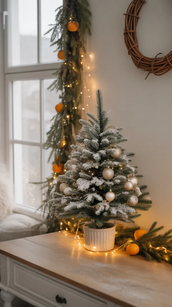 Snow-Kissed Farmhouse Desk Radiating Cozy Holiday Charm