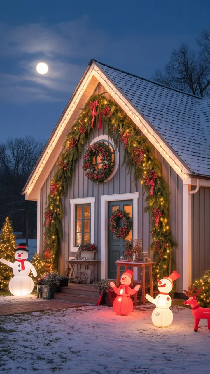 Moonlit Farmhouse Dressed in Christmas Cheer