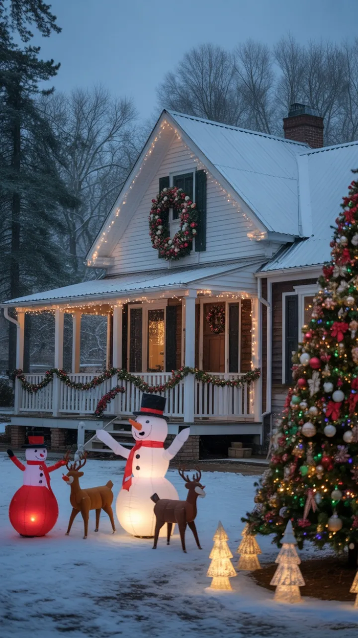 Snow-Kissed Farmhouse Wrapped in Christmas Light