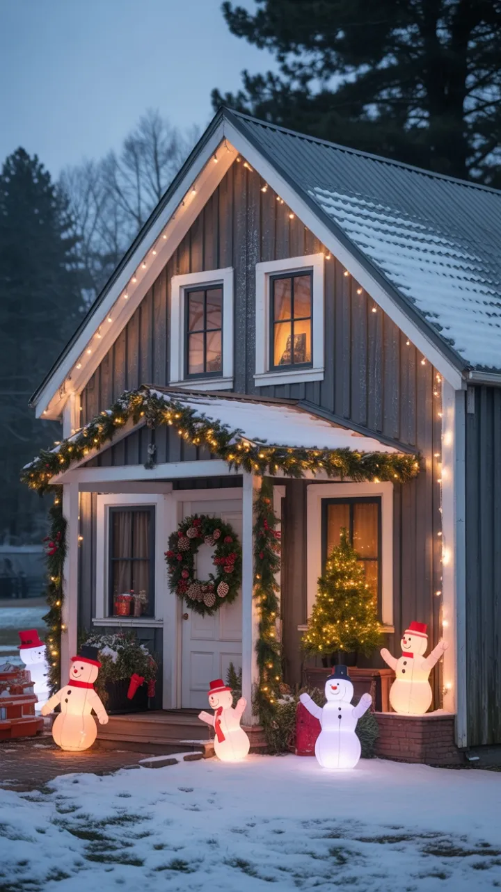 Snow-Kissed Farmhouse with Twinkling Lights and Playful Snowmen