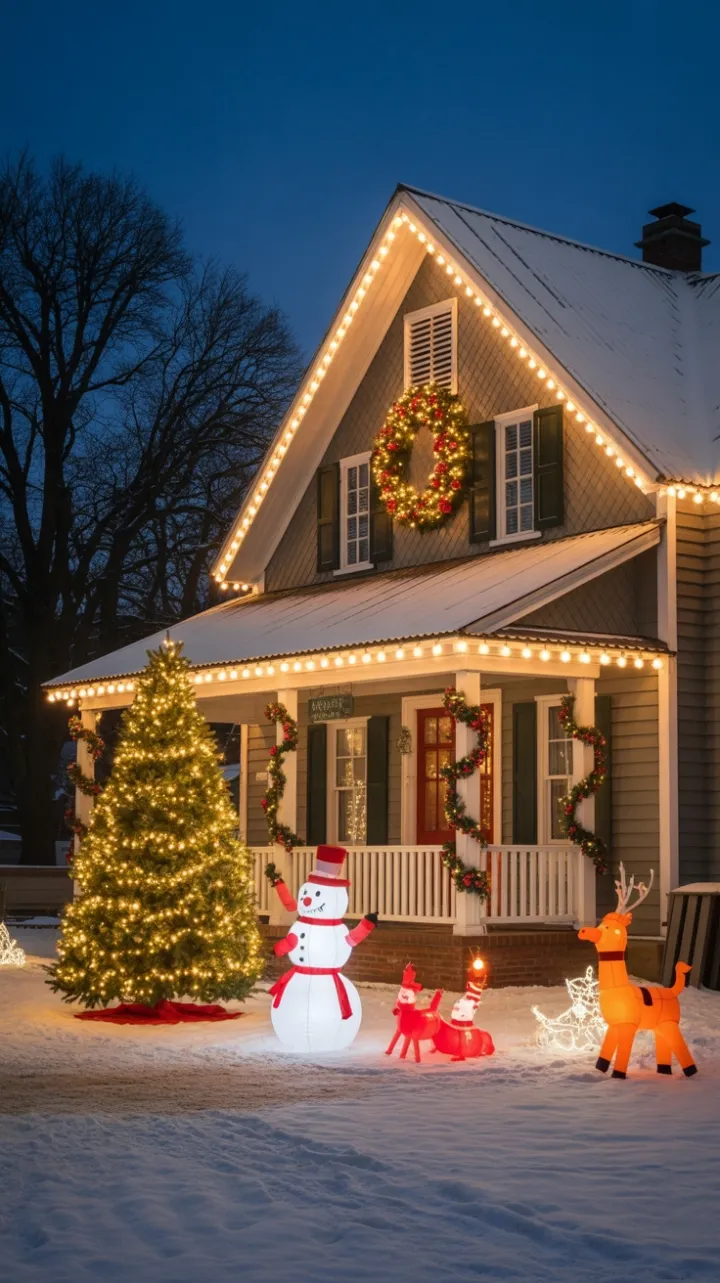 Snowy Farmhouse Glow on a Magical Christmas Evening