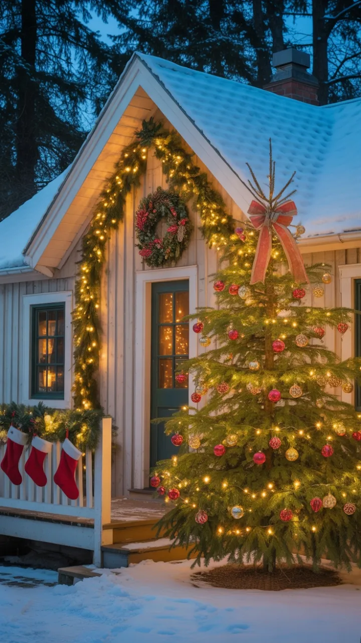 Twilight at the Snowy Farmhouse Wrapped in Holiday Lights