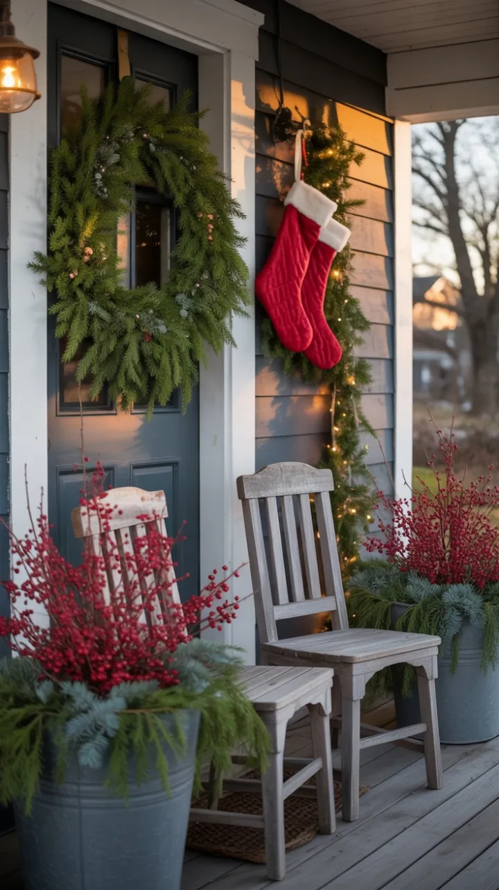 Sunset Glow on a Cozy Farmhouse Christmas Porch