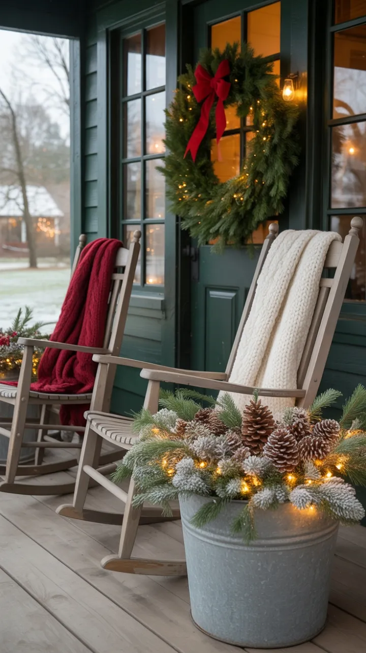 Snow-Kissed Farmhouse Porch Wrapped in Warm Holiday Glow