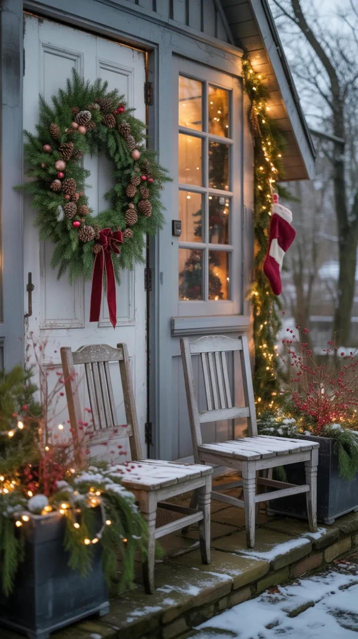 Snow-Kissed Farmhouse Porch Twinkling with Holiday Cheer