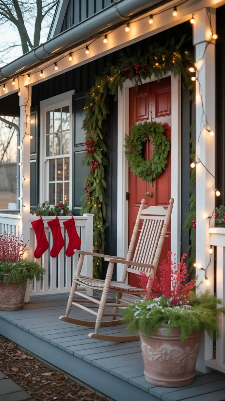 Sunlit Farmhouse Porch Dressed for a Cozy Christmas