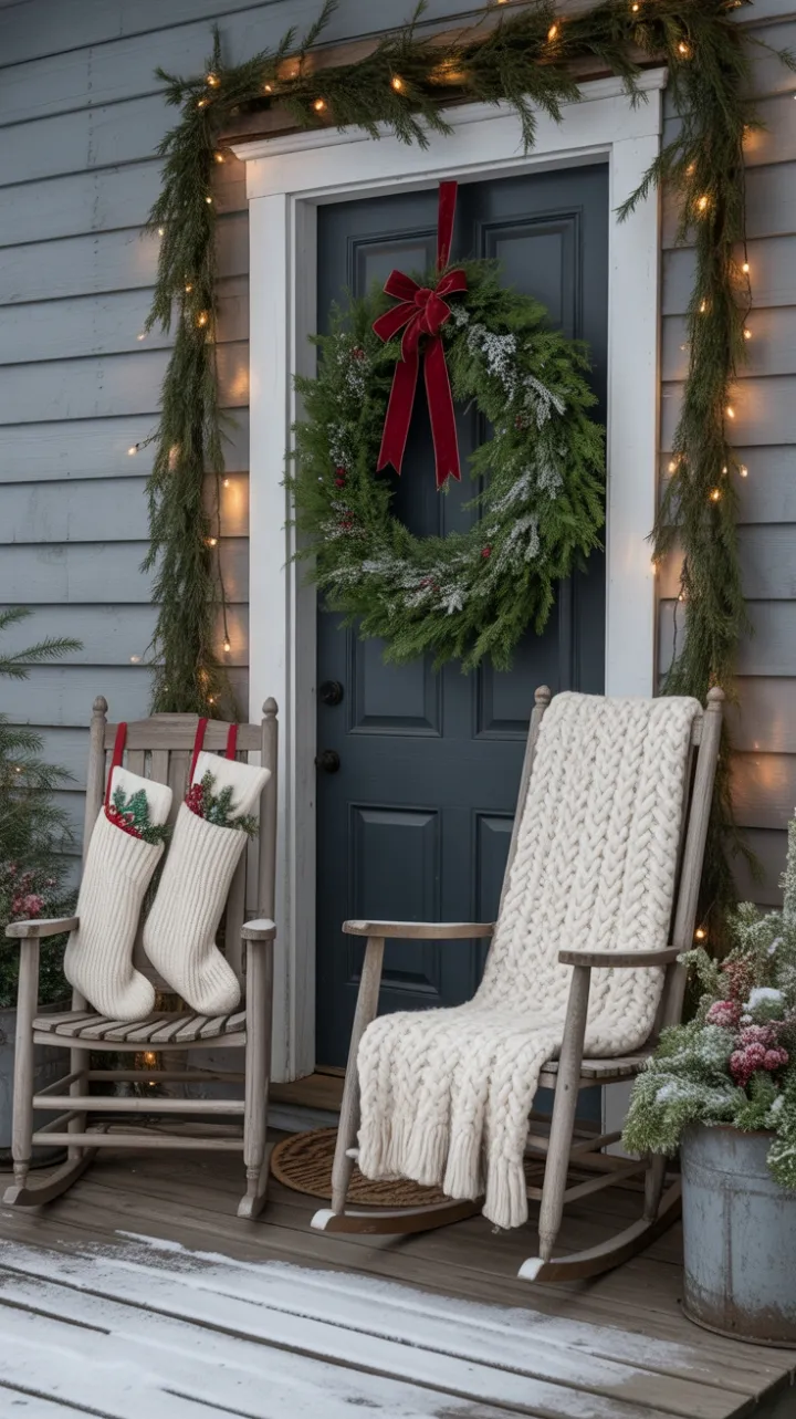 Velvet Bows and Snow-Kissed Lights on a Farmhouse Porch