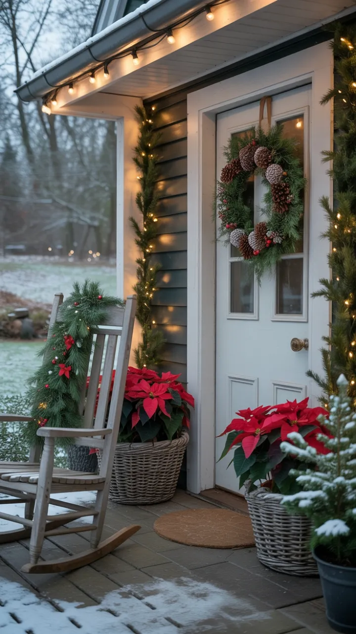 Snow-Kissed Farmhouse Porch Wrapped in Holiday Light