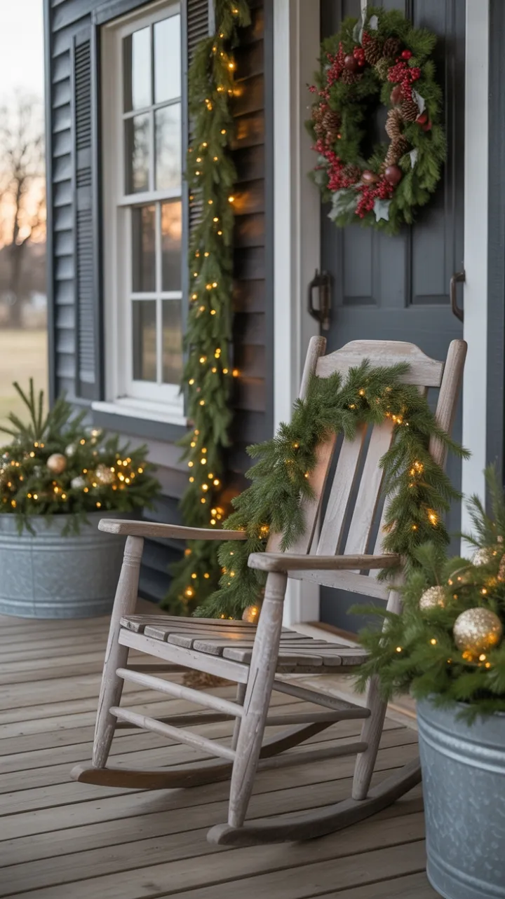 Golden-Hour Farmhouse Porch Wrapped in Christmas Cheer