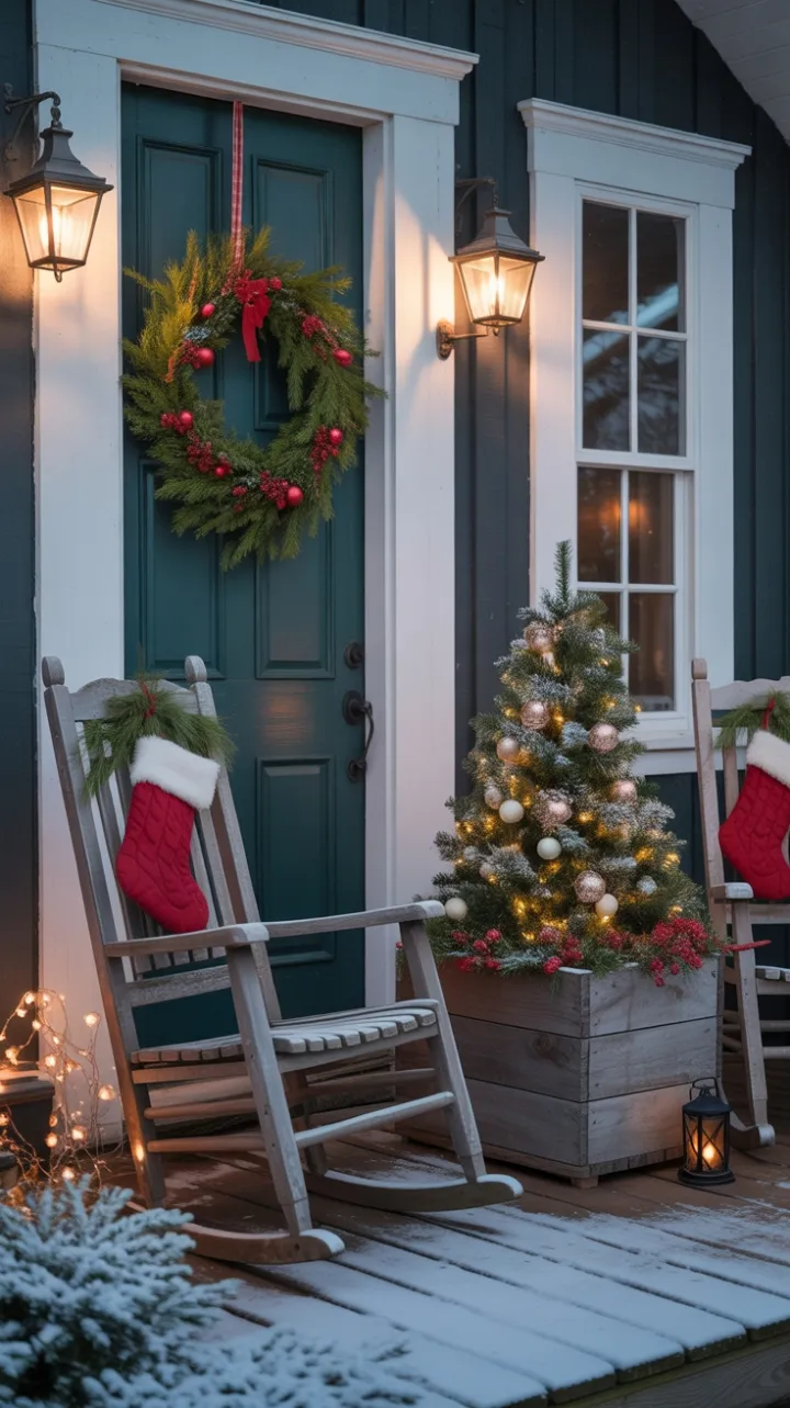 Snow-Kissed Farmhouse Porch Dressed in Christmas Glow