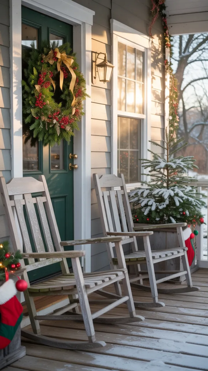 Sunlit Farmhouse Porch Wrapped in Wreaths, Lights and Holiday Charm