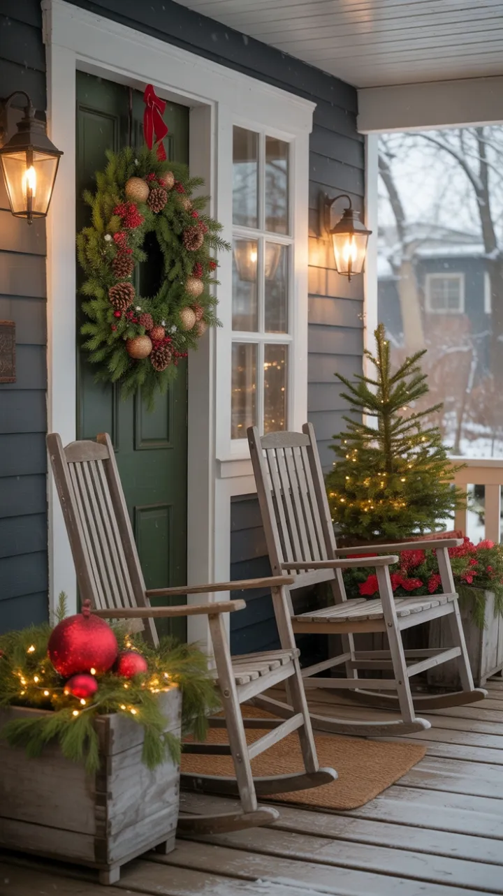Snow-Kissed Farmhouse Porch Wrapped in Warm Christmas Light