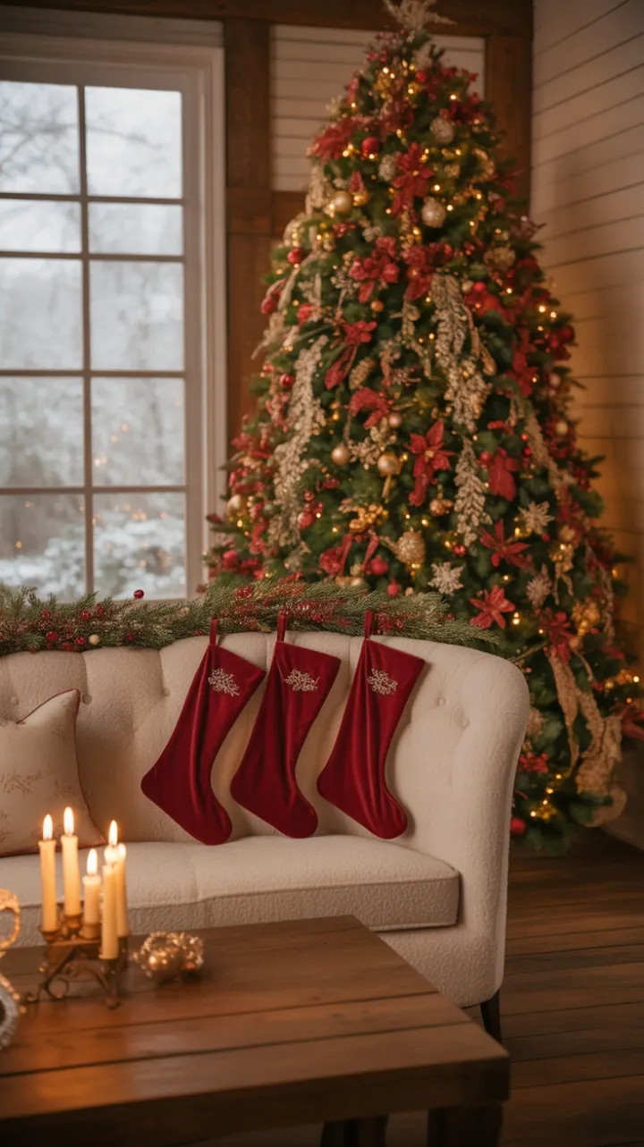 Twinkling Farmhouse Christmas with Velvet, Candlelight, and Snow-Dusted Windows