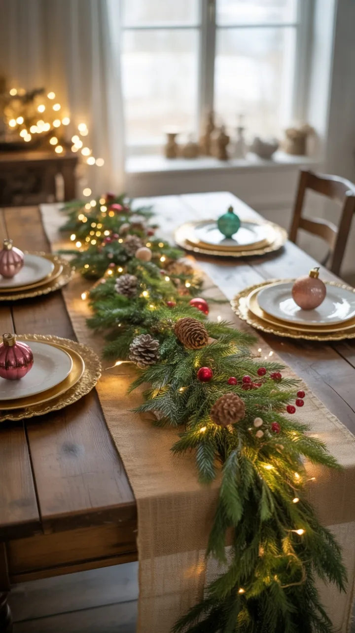 Rustic Christmas Table Dressed in Burlap, Pine, and Gold