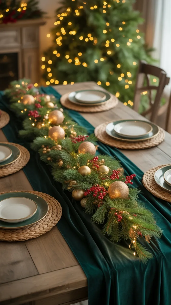 Emerald Velvet Christmas Table Bathed in Warm Fairy Light