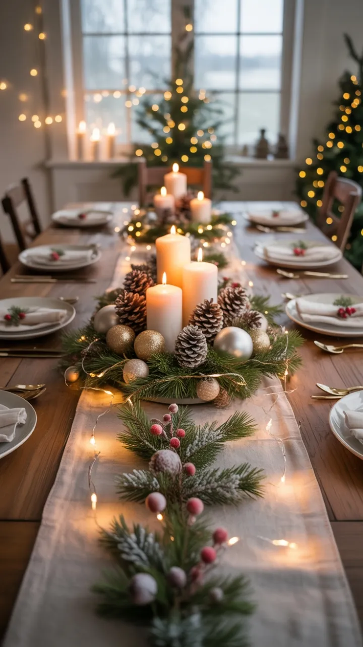 Candlelit Rustic Christmas Table Adorned with Pine, Berries, and Glass Ornaments